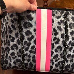 HAUTE SHORE Leopard Tote with Pink and White Stripes